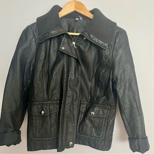 Caslon Large Petite faux leather jacket white the sweater collar